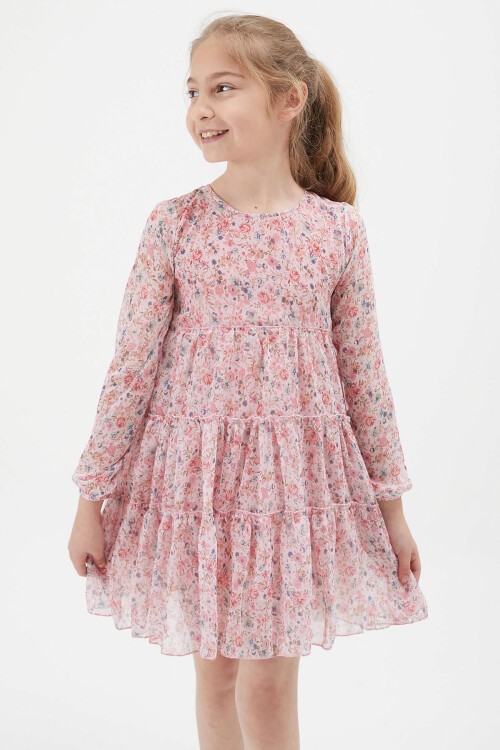 Pembe Çiçek Desenli Kız Çocuk Elbise 15198