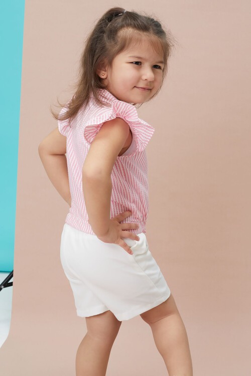 Pembe Çizgili Gömlekli Şortlu Kız Takım 15119