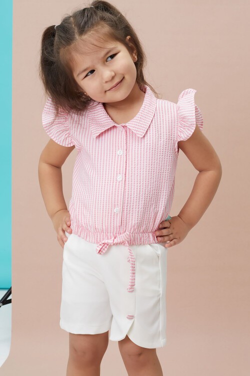 Pembe Çizgili Gömlekli Şortlu Kız Takım 15119