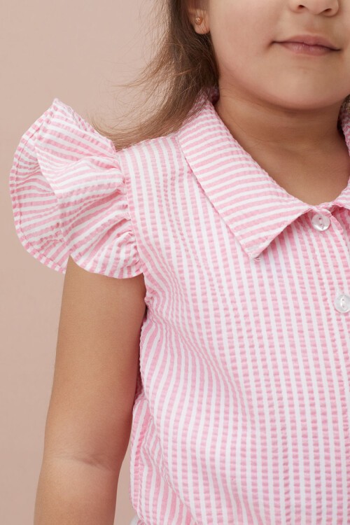 Pembe Çizgili Gömlekli Şortlu Kız Takım 15119