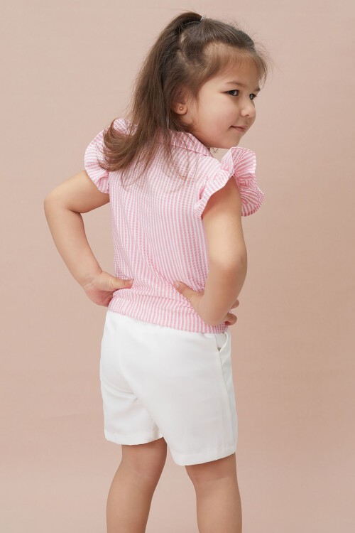 Pembe Çizgili Gömlekli Şortlu Kız Takım 15119