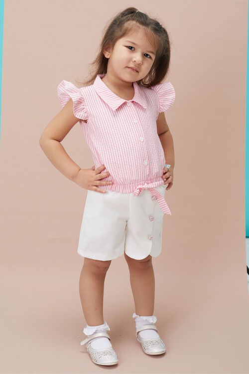 Pembe Çizgili Gömlekli Şortlu Kız Takım 15119