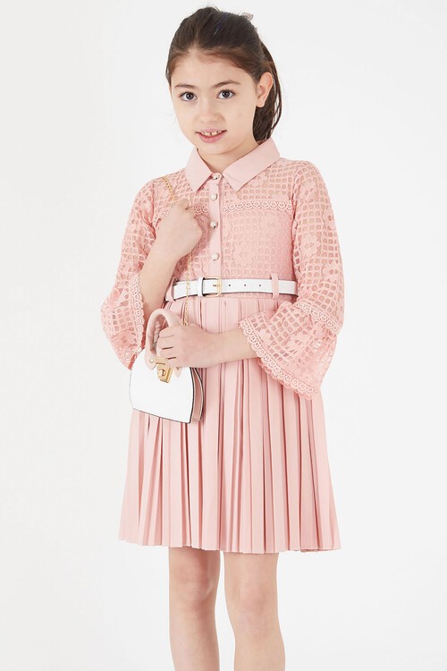 Pembe Dantel İşlemeli Pileli Çanta ve Kemerli Kız Elbise 15112