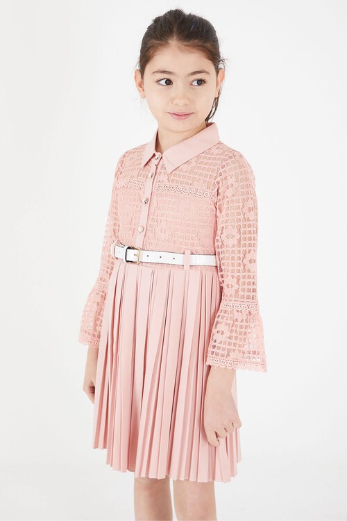 Pembe Dantel İşlemeli Pileli Çanta ve Kemerli Kız Elbise 15112