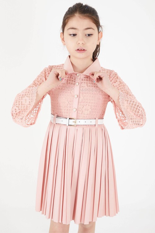 Pembe Dantel İşlemeli Pileli Çanta ve Kemerli Kız Elbise 15112