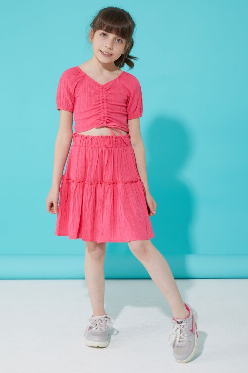 Pembe Etekli Askılı Bluzlu Kız Çocuk Takım 15340