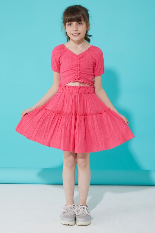 Pembe Etekli Askılı Bluzlu Kız Çocuk Takım 15340