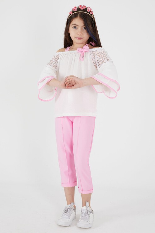 Pembe Fiyonklu Askılı Volanlı Kol Kız Çocuk Takım 15088