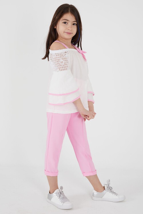 Pembe Fiyonklu Askılı Volanlı Kol Kız Çocuk Takım 15088