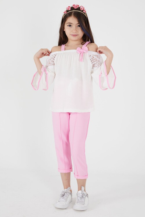 Pembe Fiyonklu Askılı Volanlı Kol Kız Çocuk Takım 15088