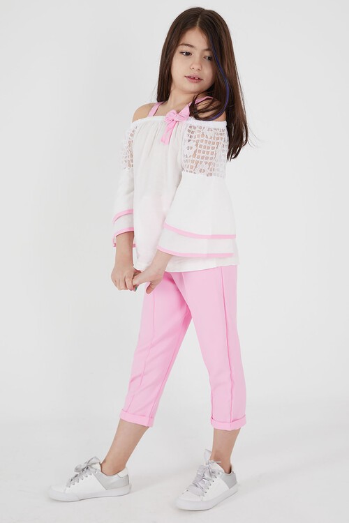 Pembe Fiyonklu Askılı Volanlı Kol Kız Çocuk Takım 15088