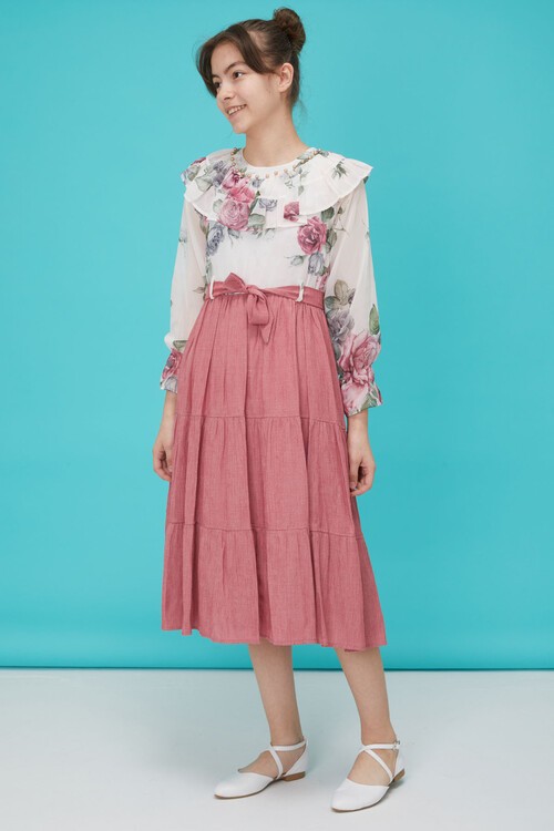 Pembe Gül Desenli Boncuk İşlemeli Kuşaklı Kız Elbise 15121