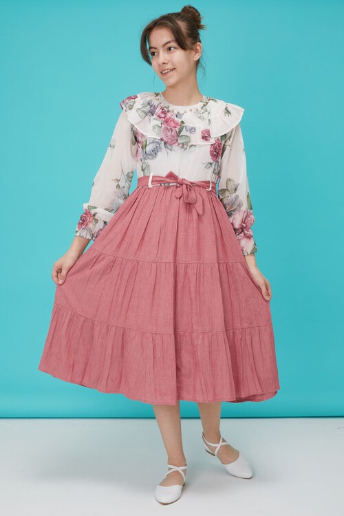 Pembe Gül Desenli Boncuk İşlemeli Kuşaklı Kız Elbise 15121