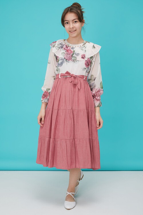 Pembe Gül Desenli Boncuk İşlemeli Kuşaklı Kız Elbise 15121