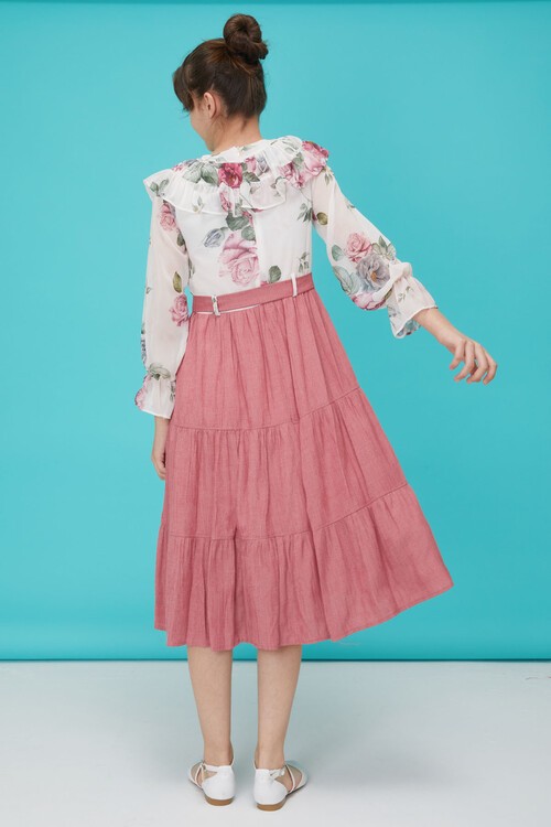 Pembe Gül Desenli Boncuk İşlemeli Kuşaklı Kız Elbise 15121