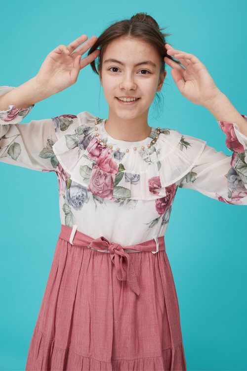 Pembe Gül Desenli Boncuk İşlemeli Kuşaklı Kız Elbise 15121