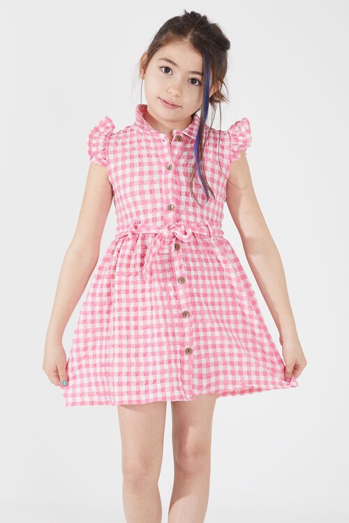 Pembe Kare Desenli Yakalı Kız Çocuk Elbise 15067