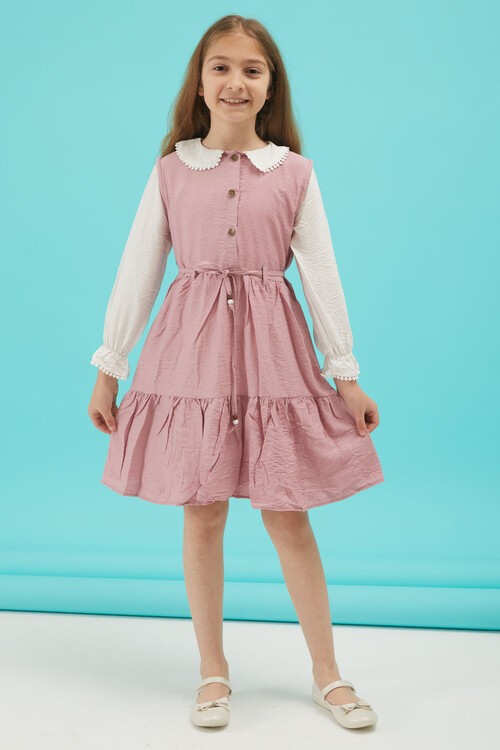 Pembe Kız Çocuk Kuşaklı Dantel Yaka Elbise 15177