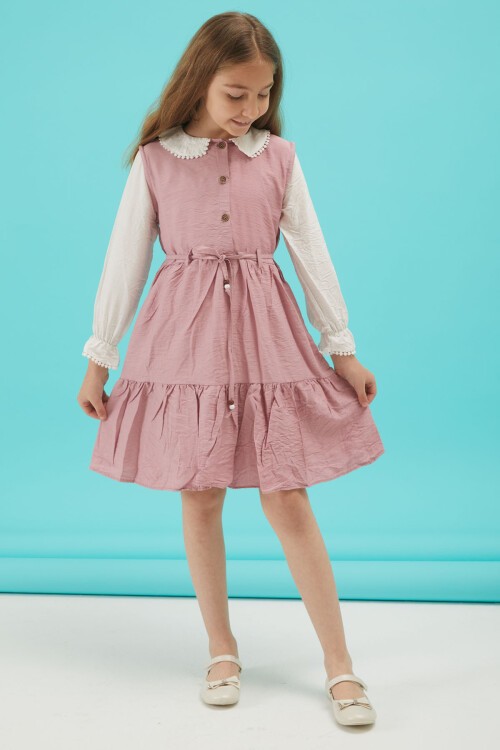 Pembe Kız Çocuk Kuşaklı Dantel Yaka Elbise 15177