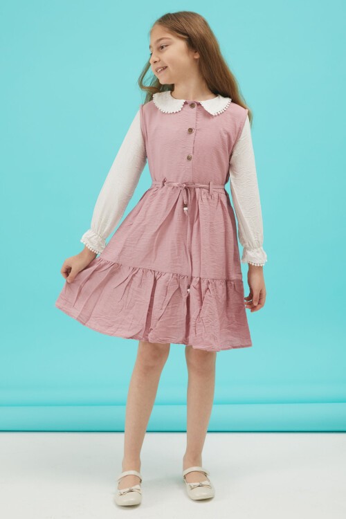 Pembe Kız Çocuk Kuşaklı Dantel Yaka Elbise 15177