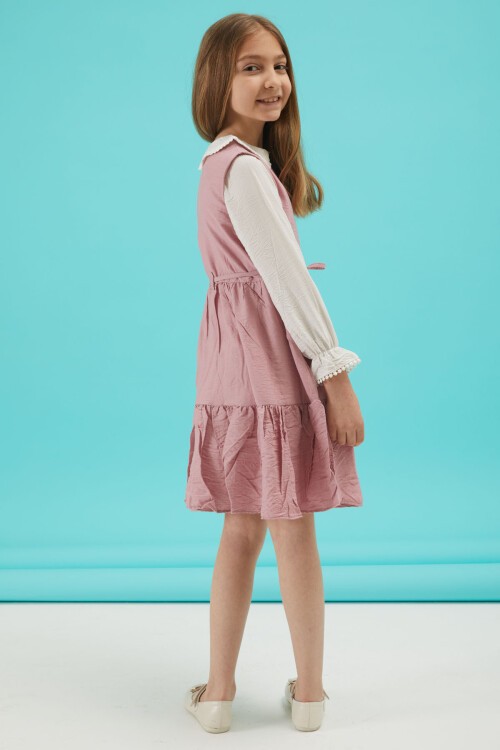 Pembe Kız Çocuk Kuşaklı Dantel Yaka Elbise 15177