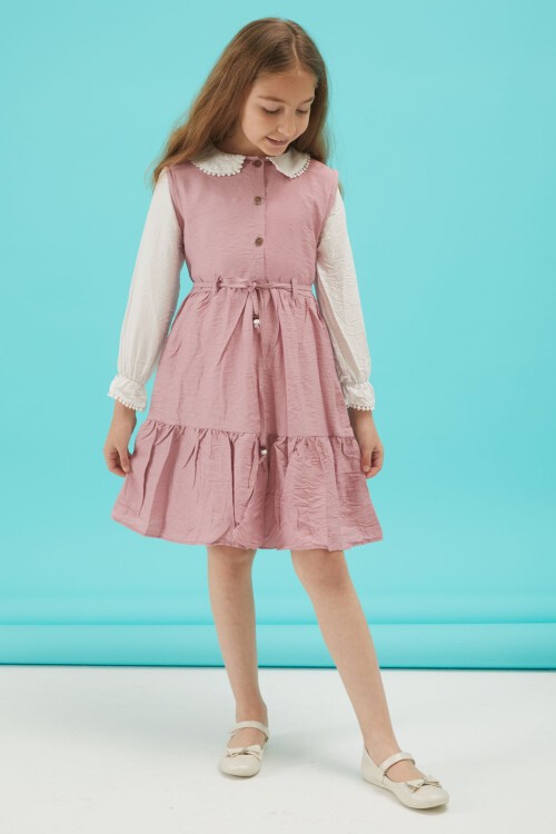 Pembe Kız Çocuk Kuşaklı Dantel Yaka Elbise 15177