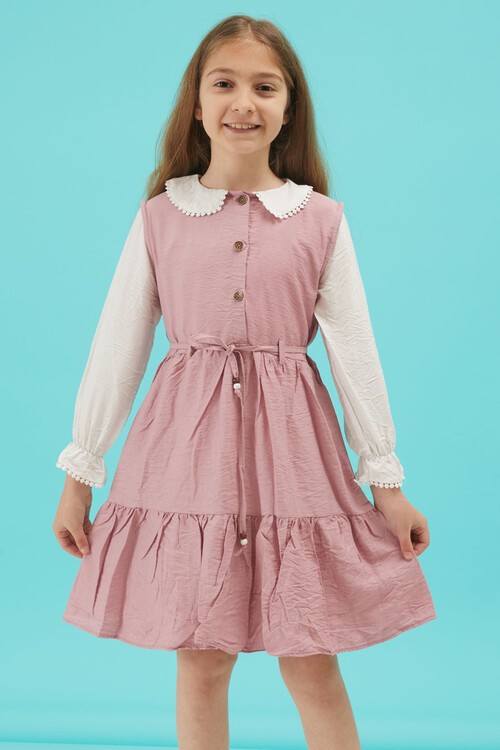 Pembe Kız Çocuk Kuşaklı Dantel Yaka Elbise 15177