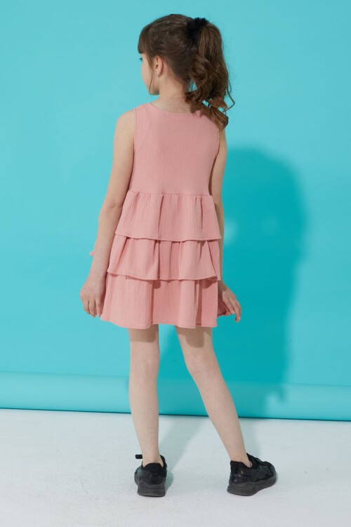 Pembe Volanlı Düğmeli Kız Çocuk Elbise 15269