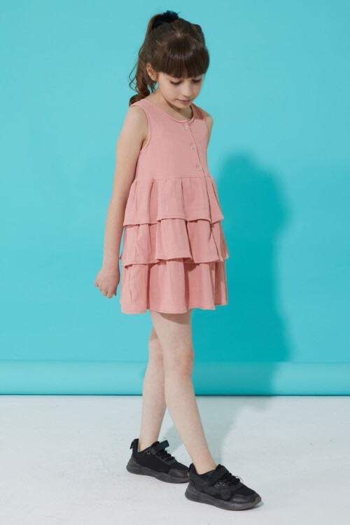 Pembe Volanlı Düğmeli Kız Çocuk Elbise 15269