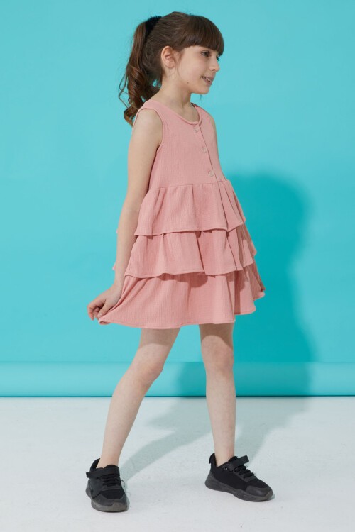 Pembe Volanlı Düğmeli Kız Çocuk Elbise 15269