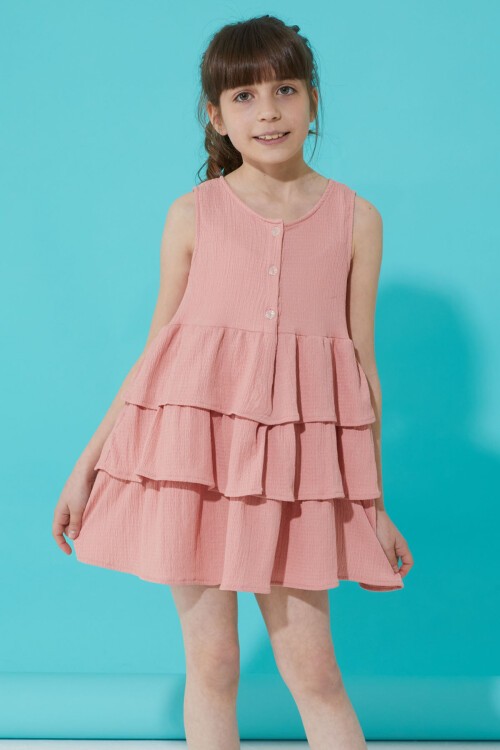 Pembe Volanlı Düğmeli Kız Çocuk Elbise 15269
