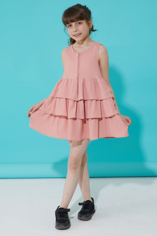 Pembe Volanlı Düğmeli Kız Çocuk Elbise 15269