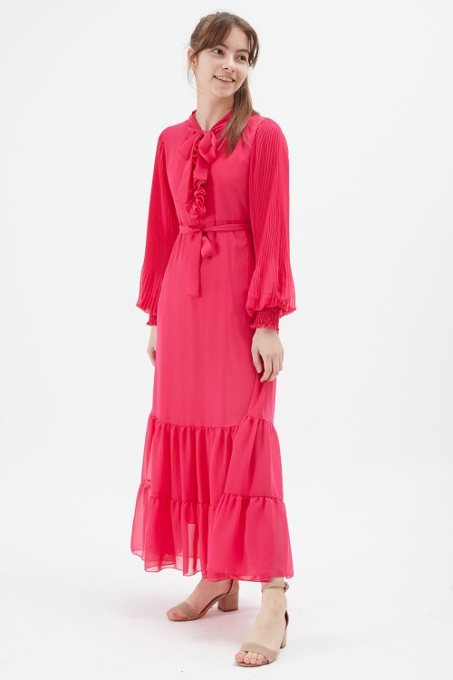 Pembe Yakası Kuşaklı Kız Şifon Elbise 15204