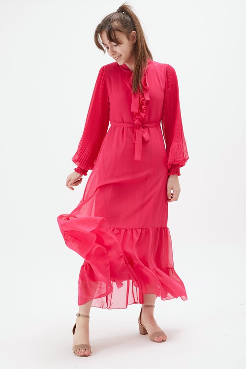 Pembe Yakası Kuşaklı Kız Şifon Elbise 15204
