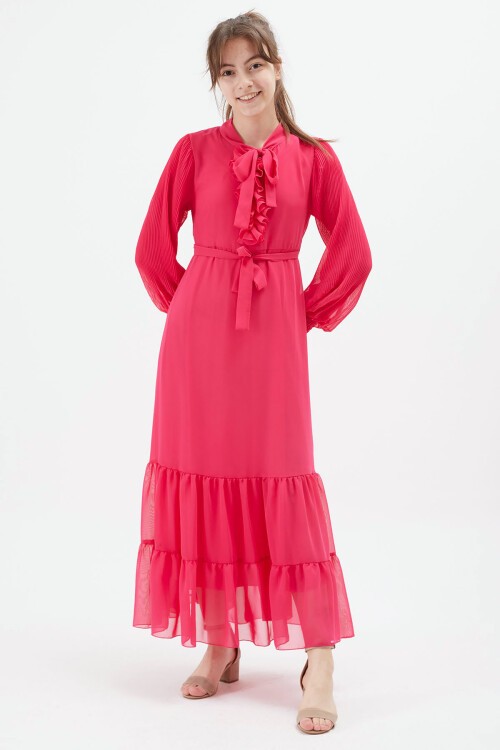 Pembe Yakası Kuşaklı Kız Şifon Elbise 15204