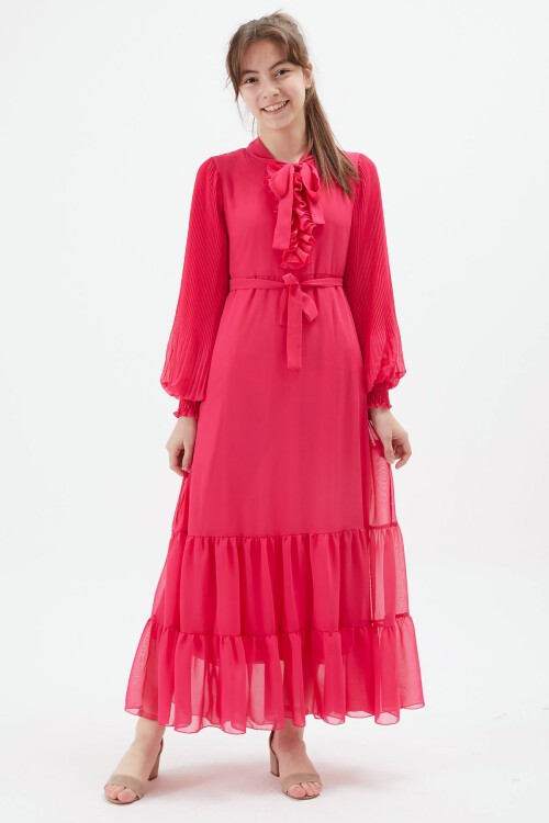 Pembe Yakası Kuşaklı Kız Şifon Elbise 15204