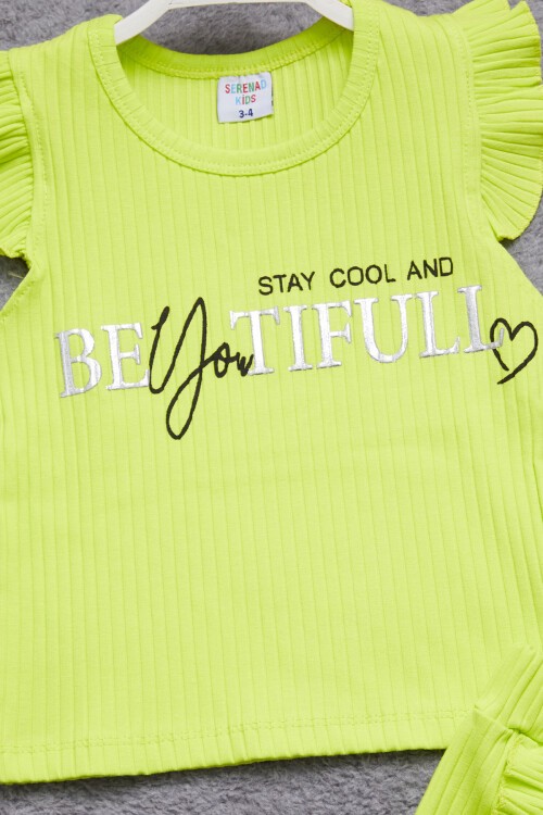 Sarı Beautiful Yazılı Kız Çocuk Şortlu Takım 15351