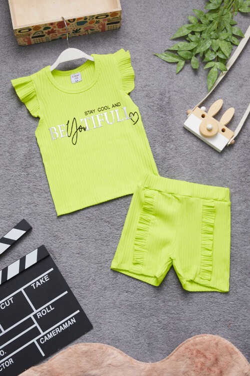 Sarı Beautiful Yazılı Kız Çocuk Şortlu Takım 15351