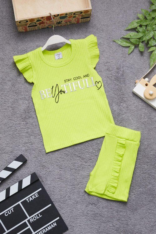 Sarı Beautiful Yazılı Kız Çocuk Şortlu Takım 15351