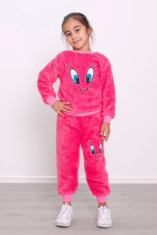 Sarı Civciv Nakışlı Peluş Kız Çocuk Eşofman Takımı Welsoft 13310