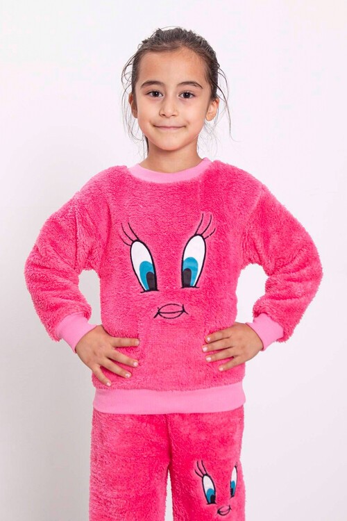 Sarı Civciv Nakışlı Peluş Kız Çocuk Eşofman Takımı Welsoft 13310