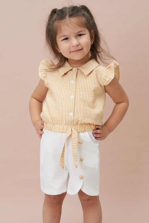 Sarı Çizgili Gömlekli Şortlu Kız Takım 15116