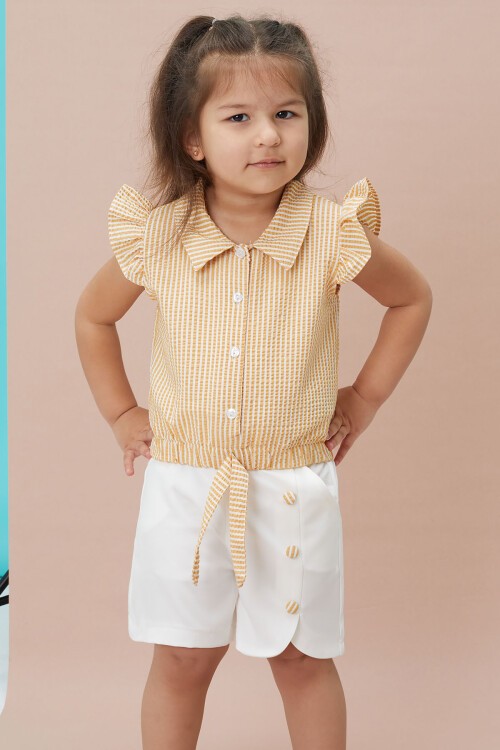 Sarı Çizgili Gömlekli Şortlu Kız Takım 15116