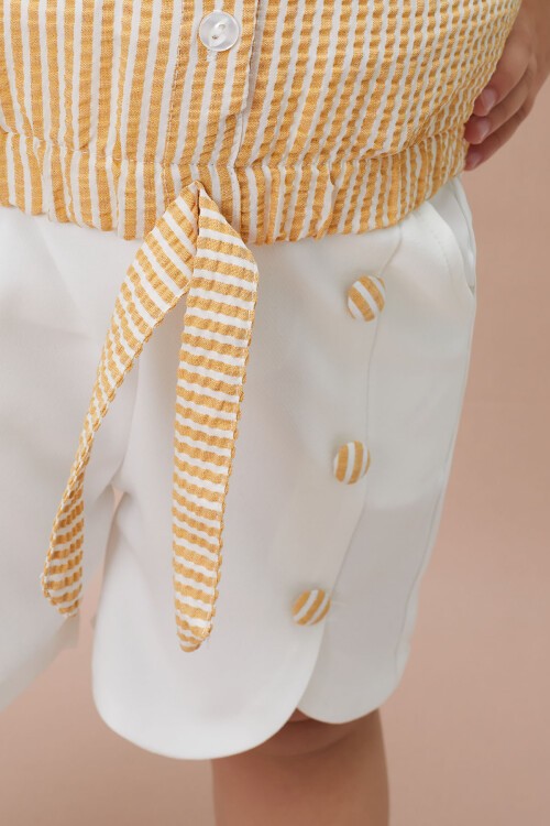 Sarı Çizgili Gömlekli Şortlu Kız Takım 15116