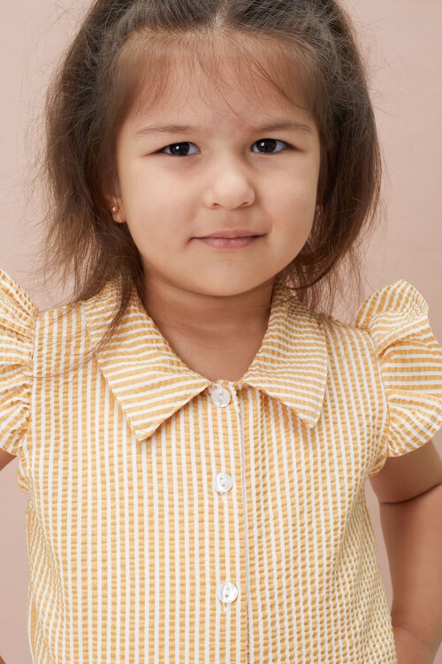 Sarı Çizgili Gömlekli Şortlu Kız Takım 15116