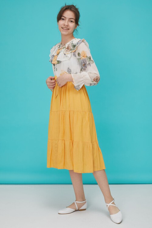 Sarı Gül Desenli Boncuk İşlemeli Kuşaklı Kız Elbise 15123