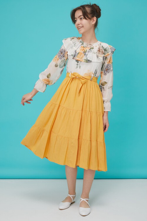 Sarı Gül Desenli Boncuk İşlemeli Kuşaklı Kız Elbise 15123