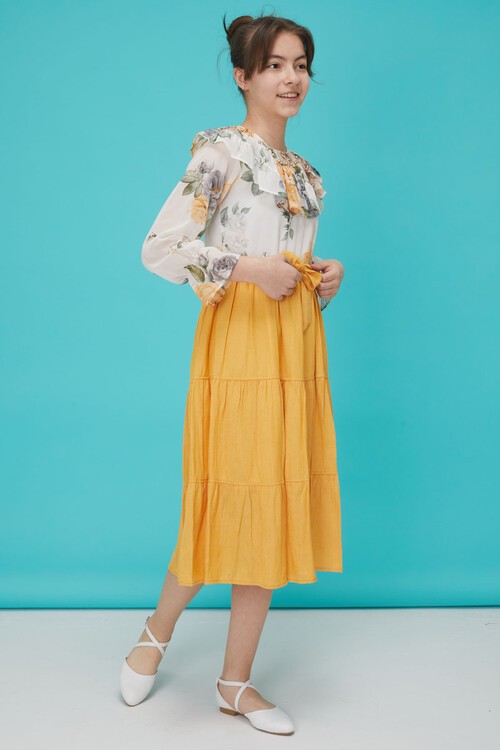 Sarı Gül Desenli Boncuk İşlemeli Kuşaklı Kız Elbise 15123