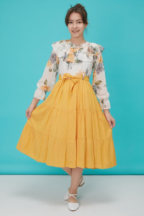 Sarı Gül Desenli Boncuk İşlemeli Kuşaklı Kız Elbise 15123