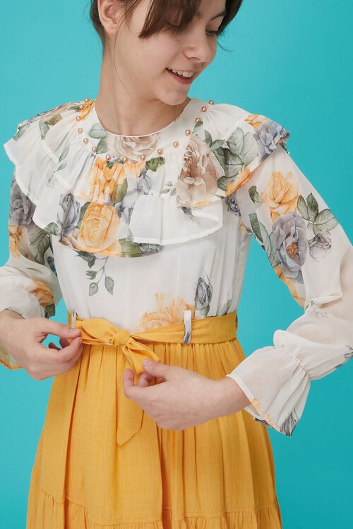 Sarı Gül Desenli Boncuk İşlemeli Kuşaklı Kız Elbise 15123